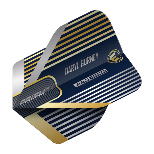 Voli standard Winmau Prism Delta Daryl Gurney No2 Das Bild zeigt ein Dartflight mit dem Namen "Winmau Prism Delta Daryl Gurney No2 Standard Flights". Das Design ist dunkelblau mit silbernen und goldenen Streifen sowie dem Schriftzug "Daryl Gurney".
