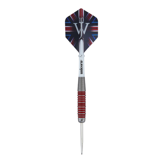 Dardos de acero al 90% de James Wade, Unicorn The Machine Auf dem Bild ist ein Steeldart der Marke Unicorn zu sehen, Modell "The Machine James Wade 90%". Der Dart hat ein silbernes Griffstück mit roten Ringen und eine Flight mit dem Logo "JW".
