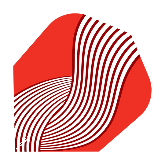 Shot ZEN Kyudo No6 Flights Das Bild zeigt ein Dartflight-Design mit dem Namen "Shot ZEN Kyudo No6 Flights". Das Flight ist rot und mit geschwungenen weißen Linien verziert.