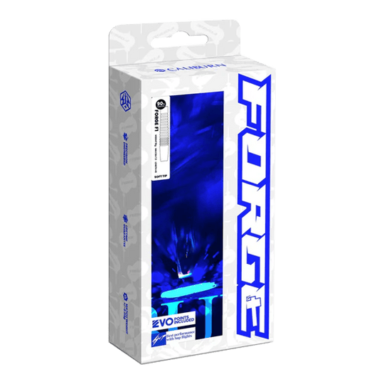 Ocelové šipky Caliburn Forge F3 - 22g Die Abbildung zeigt die Verpackung der „Caliburn Forge F3 Steeldarts - 22g“. Die Box ist überwiegend weiß mit blauen Akzenten und großem „FORGE“-Schriftzug an der Seite.
