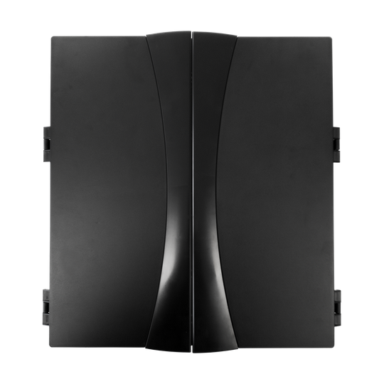 8089_Karella_Elektronische_Dartscheibe_CB25_Turnierausf-hrung_2 Das Bild zeigt die Elektronische Dartscheibe CB 25 Turnierausführung mit geschlossenen Türen. Die Vorderseite ist schlicht und schwarz gehalten.