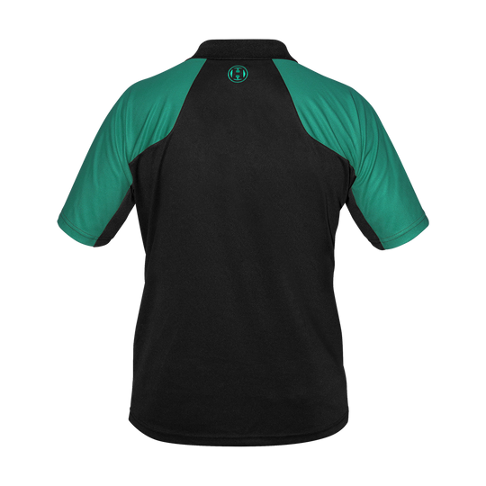 17577-Harrows-Vivid-Dartshirt-Black-Jade-2 Harrows Vivid Dartshirt Black/Jade liegt flach ausgebreitet. Das Shirt zeigt ein modernes Muster.