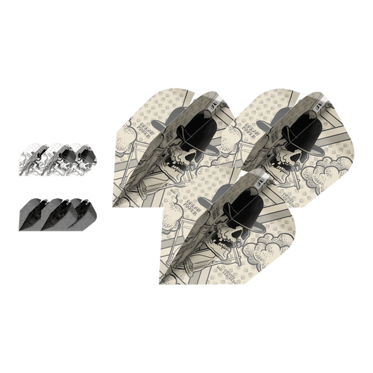 Target Ink Bundle 3 Sets Dimitri Van Den Bergh No6 Flights Das Bild zeigt drei Sets Dimitri Van Den Bergh No6 Flights aus der Target Ink Bundle Serie. Die Flights haben ein auffälliges Design mit einem Totenkopf, der einen Hut trägt.