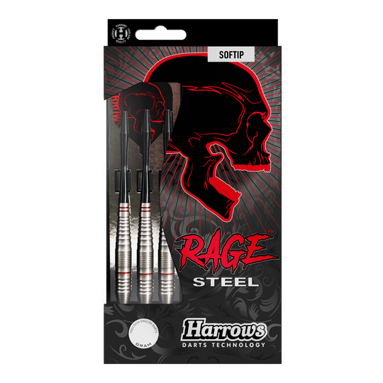 Dardos suaves Harrows Rage Das Bild zeigt eine Packung Harrows Rage Softdarts mit drei silbernen Darts. Auf der Verpackung ist ein roter Totenkopf und der Schriftzug "Rage" auffällig zu sehen.