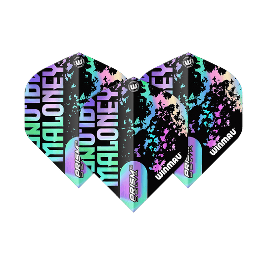 Vuelos estándar de Winmau Prism Delta Mike Maloney Das Bild zeigt die Winmau Prism Delta Mike Maloney Standard Flights. Sie sind mit bunten, auffälligen Farben und dem Namen „Maloney“ bedruckt.