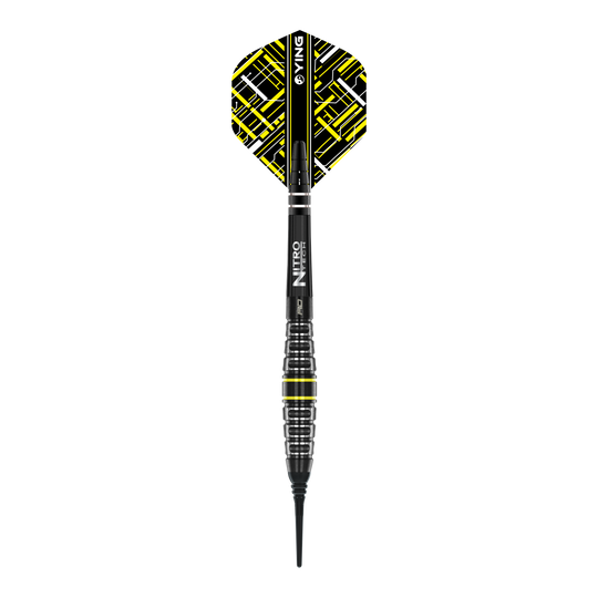 Red Dragon Astraeus Q4X Torpedo Softdarts - 20g Das Bild zeigt den Red Dragon Astraeus Q4X Torpedo Softdart mit einem Gewicht von 20g. Der Dart hat ein modernes Design mit schwarzen und gelben Akzenten.