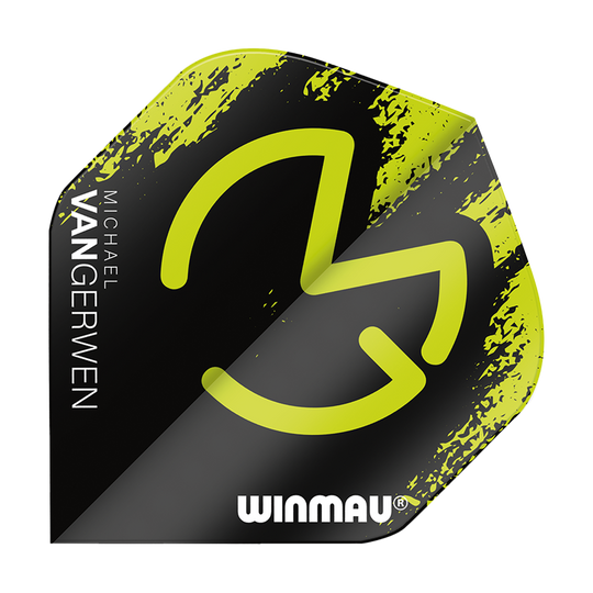 6900-234_Winmau_Mega_MvG_Green_Black_Standard_Flights_1IegHensjrWwb1 Winmau Mega MvG Green Black Standard Flights in auffälligem Stil. Die Details der Flights sind gut zu sehen.