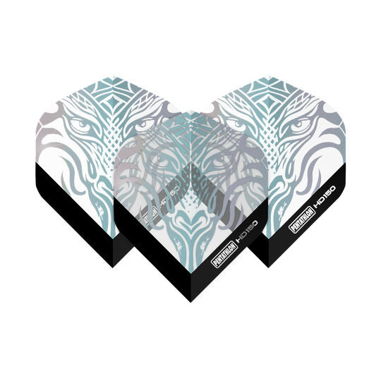 Pentathlon HD150 Metalicky čiré standardní letky Das Bild zeigt die Pentathlon HD150 Metallic Clear Standard Flights mit einem stilisierten, tierischen Gesichtsmuster. Die Flights sind größtenteils durchsichtig mit silbernen und metallischen Akzenten sowie schwarzem Rand unten.