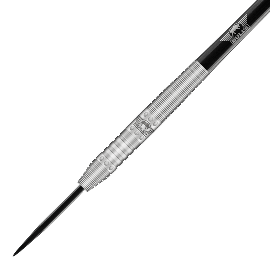 Bulls NL Richard Veenstra 80 Steeldarts - 23g Das Bild zeigt einen silbernen Steeldartpfeil mit schwarzer Spitze und silbernen Ringen. Auf dem Barrel ist das Logo von Bulls NL eingraviert.