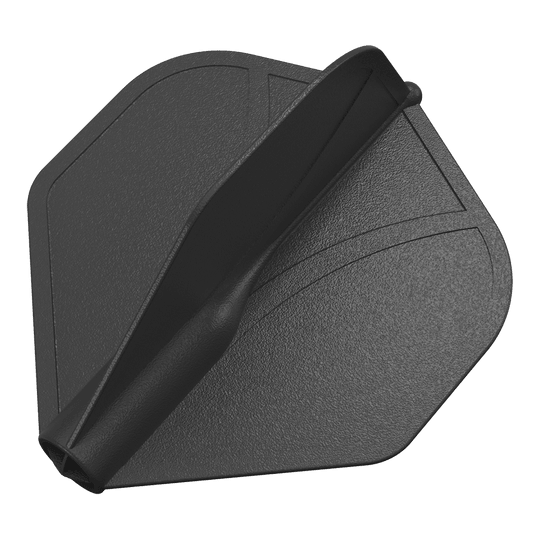 Standardní letky Shot Airfoil Molded No2 Das Bild zeigt eine schwarze, geformte Dart-Flügel aus Kunststoff. Die Oberfläche ist leicht strukturiert und hat eingeprägte Linien.