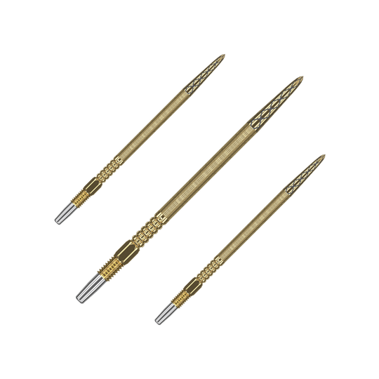 Puntas de dardos Target Swiss Point DX - dorado Das Bild zeigt drei goldene Dartspitzen mit feiner Gravur. Sie sind in einer Reihe nebeneinander angeordnet und haben silberne Endstücke.