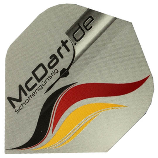 p137 Auf dem Bild ist ein graues Dart-Flügel-Set der Marke McDart zu sehen. Das Design zeigt schwarze, rote und gelbe Streifen sowie die Aufschrift „McDart.de“.