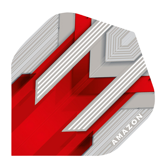 A-29-Amazon-Silver-No2-Red-FlightsR0LL0zfT8W1zr Das Bild zeigt einen Dartflight mit einem modernen Design in Rot, Silber und Weiß. In der rechten unteren Ecke steht das Wort "AMAZON".