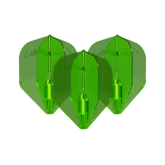 Plumas L-Style Fantom L3EZ Verde Das Bild zeigt drei grüne L-Style Fantom L3EZ Flights für Dartpfeile. Die Flights sind durchsichtig und haben eine glänzende Oberfläche.