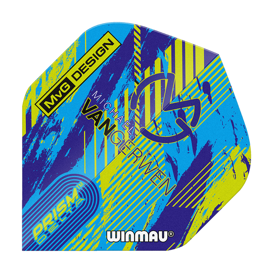 Winmau Delta Michael Van Gerwen Prism 04 Standardní lety Das Bild zeigt ein buntes Dartflight mit dem Namen "Winmau Delta Michael Van Gerwen Prism 04 Standard Flights". Auf dem Flight sind verschiedene Schriftzüge und ein modernes Design in Blau, Gelb und Lila zu sehen.