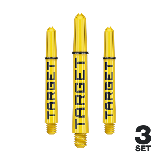 Das Bild zeigt drei gelbe Dart-Schäfte mit der Aufschrift "TARGET". Unten rechts steht "3 SET", was auf ein Set mit drei Stück hinweist.