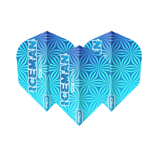Lety Red Dragon Gerwyn Price Iceman Blue No6 Das Bild zeigt drei blaue Dart-Flights mit geometrischem Muster und der Aufschrift "ICEMAN". Die Flights tragen das Logo "Red Dragon" und sind das Modell "Gerwyn Price Iceman Blue No6".