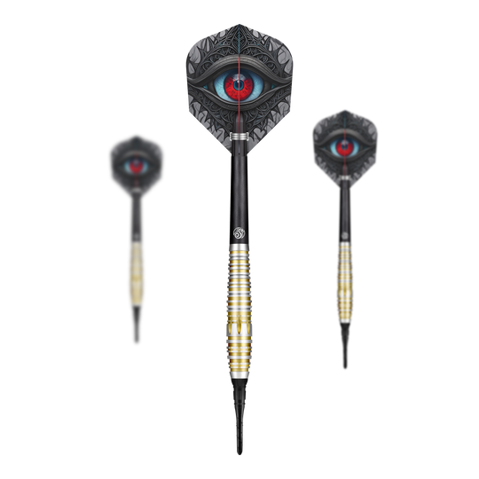Dardos suaves Shot Celt Balor Auf dem Bild sind drei Softdarts der Marke Shot Celt Balor zu sehen. Die Flights der Darts zeigen ein auffälliges Auge in leuchtenden Farben.