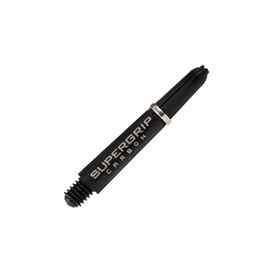 Das Bild zeigt einen Harrows Supergrip Carbon Shaft in Silber. Der Schaft ist schwarz mit silberner Schrift und einem silbernen Ring.