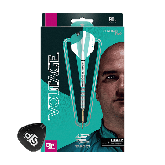 190095_Target_Rob_Cross_GEN2_Swiss_Point_Steeldarts_3 Auf dem Bild ist die Verpackung der Target Rob Cross GEN2 Swiss Point Steeldarts zu sehen. Die Verpackung zeigt einen einzelnen Dartpfeil sowie das Gesicht einer Person im Hintergrund.