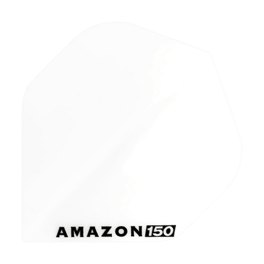 Lety Amazon 150 - bílá Das Bild zeigt ein weißes Dartflight mit der Aufschrift "AMAZON 150" in schwarzer Farbe. Das Flight hat eine klassische, schlichte Form und ist komplett einfarbig.