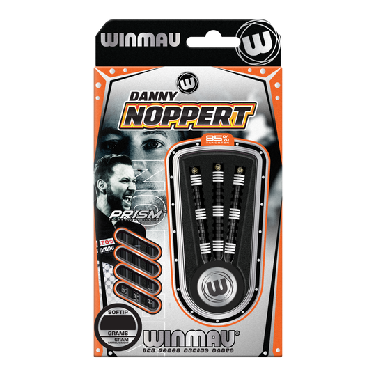 Winmau Danny Noppert 85 Pro-Series soft darts - 20g Das Bild zeigt eine Verpackung der "Winmau Danny Noppert 85 Pro-Series Softdarts - 20g". In der Verpackung sind drei schwarze Softdarts mit weißen Ringen sichtbar.