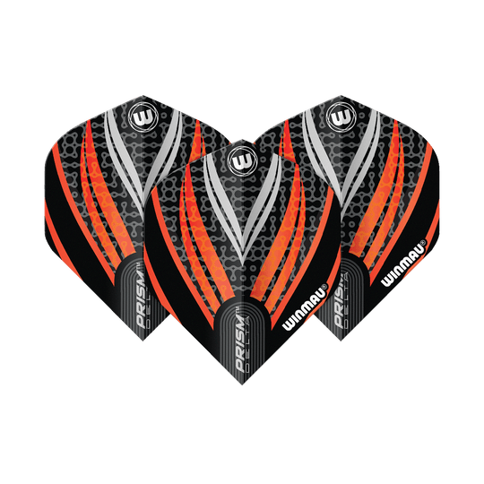 Letky Winmau Prism Delta černá bílá oranžová č. 2 standardní Das Bild zeigt drei Dart-Flights des Modells "Winmau Prism Delta" in Schwarz, Weiß und Orange. Die Flights haben ein modernes Design mit auffälligen orangefarbenen und silbernen Streifen.