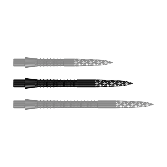 Embouts de fléchettes Mission Caliburn EVO avec logo GV - Noir Das Bild zeigt schwarze Steeldartspitzen mit einer Länge von 32 mm. Es handelt sich um die Mission Caliburn EVO GV-Logo Steeldartspitzen.