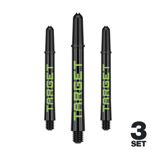 Wałki Target Pro Grip TAG – 3 zestawy – czarno-zielone Mehrere Dart-Schäfte mit glatten Linien und dezenter Farbe sind abgebildet. Das Produkt ist ordentlich arrangiert.