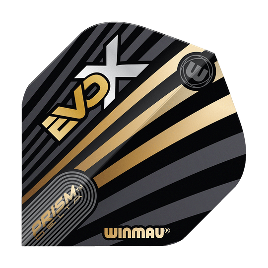 Standardní letky Winmau Prism Delta MvG Evo-X No2 Das Bild zeigt ein Winmau Prism Delta MvG Evo-X No2 Standard Flight. Das Flight ist schwarz mit goldenen und grauen Streifen sowie dem Schriftzug "EVO-X" und "WINMAU".