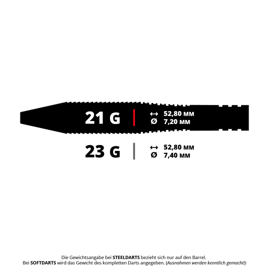 Ocelové šipky Bulls Martin Schindler TW80 Das Bild zeigt die Gewichts- und Maßangaben zweier Steeldarts mit 21 Gramm und 23 Gramm. Beide Darts sind 52,80 mm lang, der Durchmesser beträgt 7,20 mm bzw. 7,40 mm.