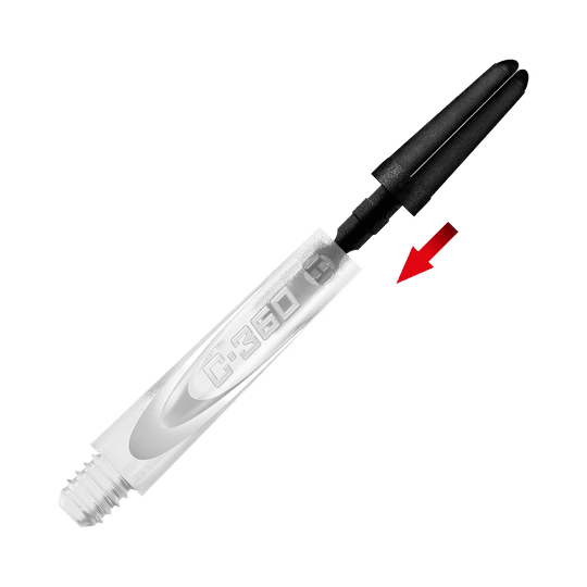 HR442_Harrows_Carbon_360_Shaft_Tops_3 Das Bild zeigt das Produkt "Harrows Carbon 360 Shaft Ersatztops". Ein roter Pfeil weist auf das schwarze Ersatzteil am oberen Ende des Schafts hin.