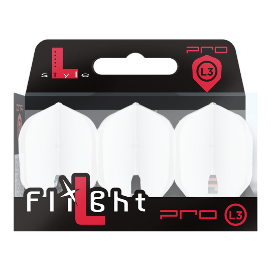 Das Bild zeigt ein Produkt mit dem Namen 'L-Style Champagne L3PRO Shape Flights White 2'. Es handelt sich vermutlich um einen weißen Dart-Flug in spezieller Form.