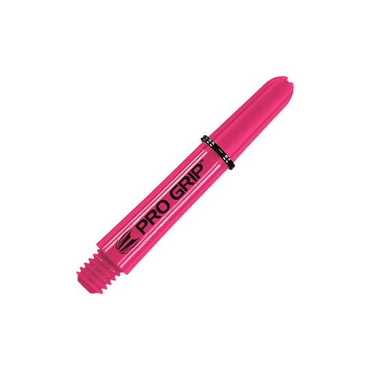 Auf dem Bild ist ein pinker Dart-Schaft mit der Aufschrift "PRO GRIP" zu sehen. Er ist 34 mm lang und hat eine glatte Oberfläche.