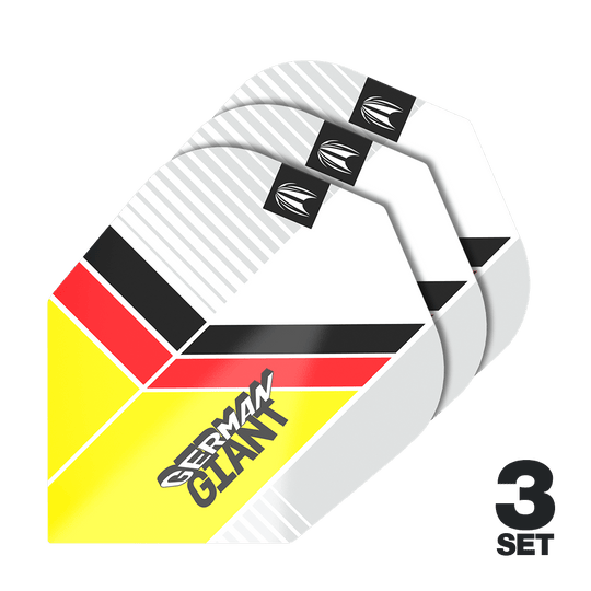 Target Pro Ultra Gabriel Clemens No6 Flights - 3 sady Auf dem Bild sind drei Sätze Dart-Flights mit dem Design "German Giant" in den Farben Gelb, Rot, Schwarz und Weiß zu sehen. Unten rechts steht "3 Set", was auf drei enthaltene Sets hinweist.