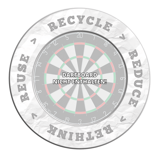 McDart Recycle Reduce Rethink Reuse Dartboard Surround Das Bild zeigt ein Produkt in Grau mit dem Schriftzug 'Recycle, Reuse, Reduce, Rethink'. Die Beschreibung lehnt sich an den Dateinamen DBS-RRRR5_Surround_Recyle_Reuse_Reduce_Rethink_Grau_1 an.