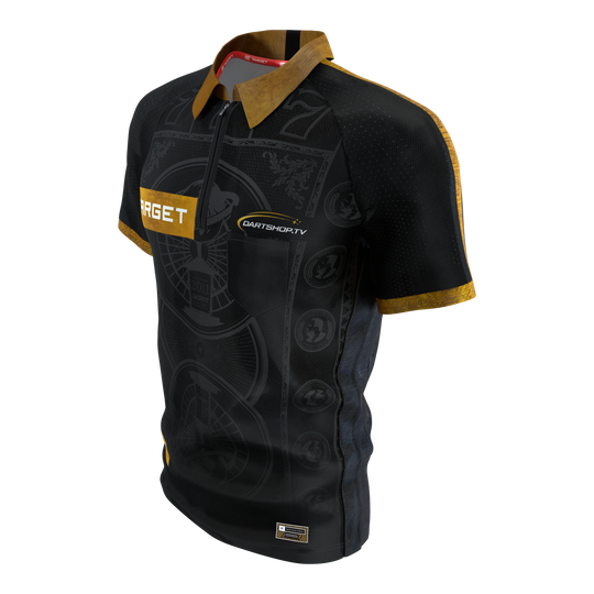 Das Bild zeigt das Target Adrian Lewis Dartshirt 2026. Das Dartshirt ist ein offizielles Sporttrikot mit markantem Design.