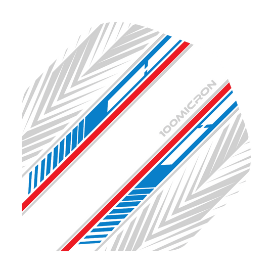Vuelos de pentatlón blanco/azul/rojo Das Bild zeigt ein Dart-Flight mit einem weißen Hintergrund und blauen sowie roten Linien. Auf dem Flight ist außerdem ein graues Muster und der Schriftzug „100 MICRON“ zu sehen.