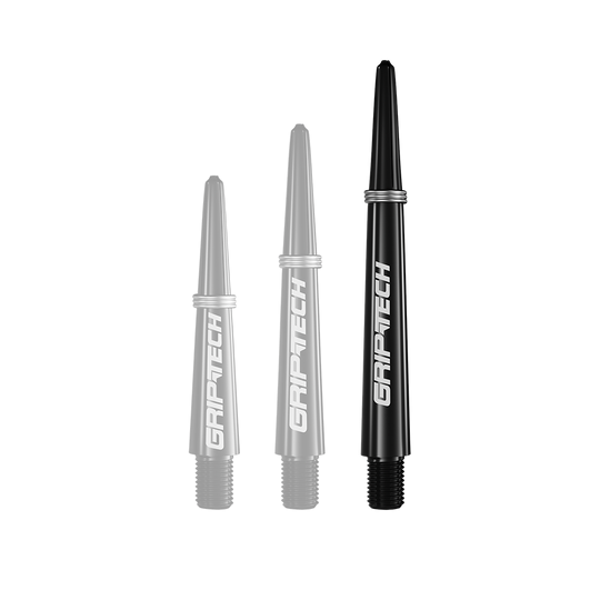 Alberi GOAT Griptech - Neri Auf dem Bild sind drei schwarze Dartschäfte in verschiedenen Längen zu sehen. Auf jedem Schaft steht das weiße Logo "GRIPTECH".