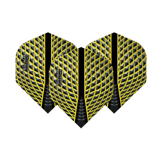 HR88_Harrows_Silika_Yellow_No2_Standard_Flights_1Dyfveyt7nLsr3 Das Bild zeigt die Harrows Silika Yellow No2 Standard Flights. Die Flights haben ein auffälliges gelb-schwarzes Muster mit einem modernen Design.