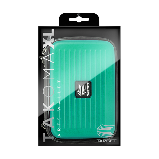 125832_Target_Takoma_XL_Dartwallet_Aqua_3 Das Bild zeigt das Produkt "Target Takoma XL Dartwallet" in der Originalverpackung. Das Dartwallet ist türkis und hat ein modernes, geriffeltes Design mit einem Target-Logo auf der Vorderseite.