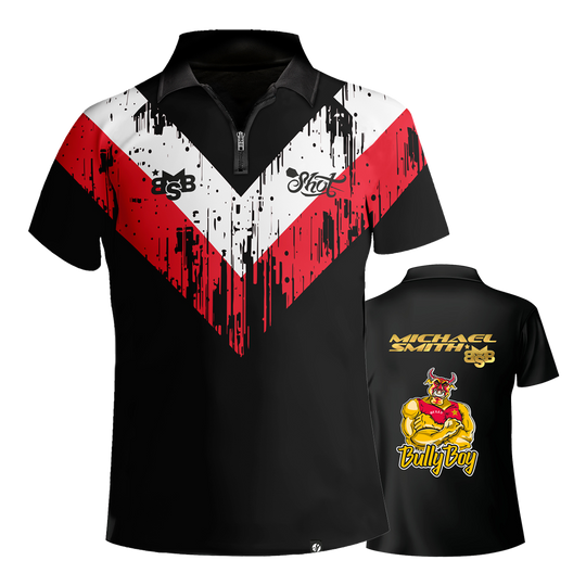 Maglietta con freccette a righe bianche di Shot Michael Smith Das Bild zeigt das Shot Michael Smith White Stripe Dartshirt mit auffälligem roten und weißen Streifenmuster auf schwarzem Grund. Auf der Rückseite sind der Name "Michael Smith", das Logo "Bully Boy" und eine Zeichnung eines muskulösen Stiers zu sehen.