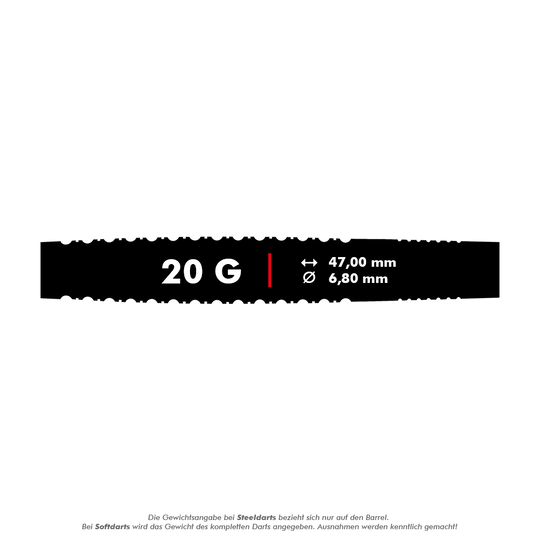 Das Bild zeigt die Produktinformationen zu den Mission Red Dawn Model 3 Softdarts mit einem Gewicht von 20 Gramm. Die Darts haben eine Länge von 47,00 mm und einen Durchmesser von 6,80 mm.