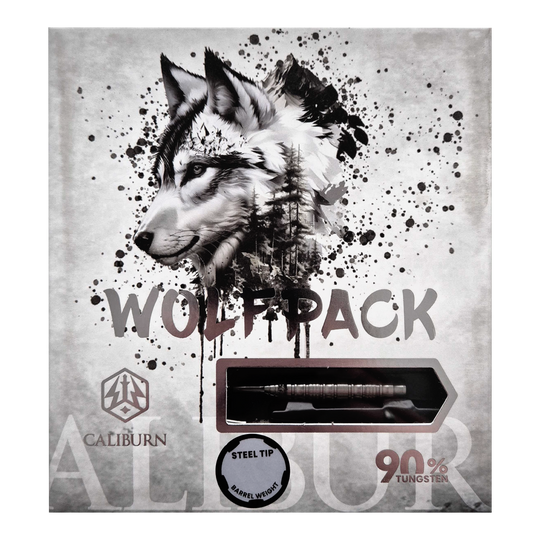 Abgebildet ist das Produkt Caliburn Wolfpack W5 Steeldarts - 22g. Es handelt sich um hochwertige Steeldarts für Präzisionswürfe.