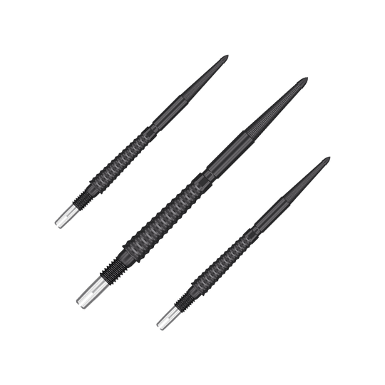 Target Swiss Storm LNC dart tips - Black Das Bild zeigt drei schwarze Dartspitzen mit geriffeltem Griffbereich. Sie sind länglich geformt und haben eine spitze Metallspitze am Ende.