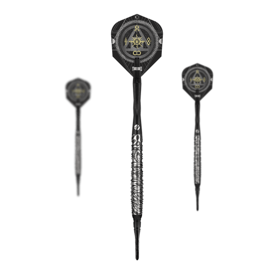 Abgebildet ist das Set der Shot Alchemy Runstel Softdarts mit 20 Gramm. Die Darts sind als Set zusammengefasst zu erkennen.