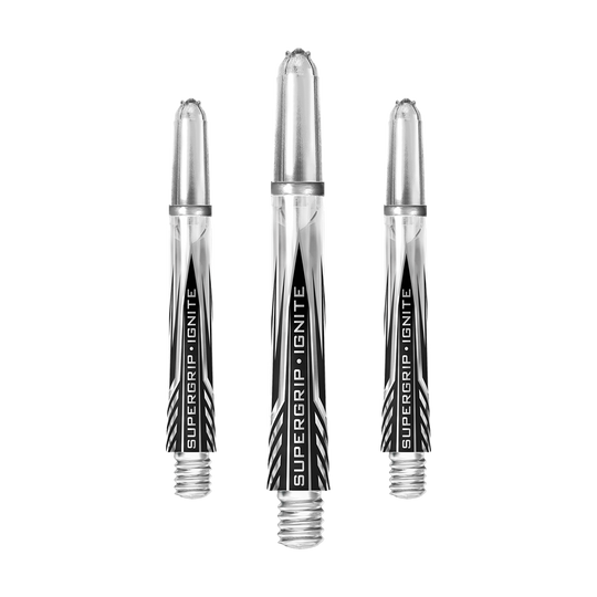 HR393_Harrows_Supergrip_Ignite_Shafts_Clear_40mm_1T9DEKWgsOZjAD Das Bild zeigt drei klare Harrows Supergrip Ignite Shafts für Dartpfeile. Die Shafts sind durchsichtig mit schwarzem und silbernem Aufdruck.