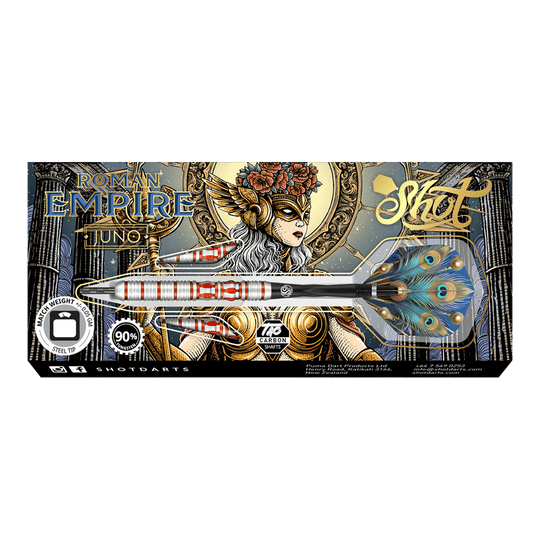 Disparo de dardos de acero Juno del Imperio Romano Das Bild zeigt die Verpackung der "Shot Roman Empire Juno Steeldarts". Auf der Verpackung ist eine kunstvoll gezeichnete Frau mit Helm und Flügeln sowie die Darts mit auffälligen, bunten Flights abgebildet.