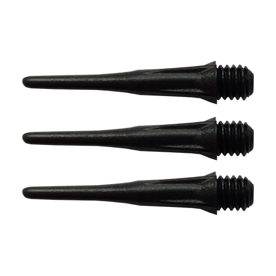 804802_Karella_Ultimo_Softdartspitzen_500Stk_in_der_Dose_Schwarz_1 Auf dem Bild sind drei schwarze Softdartspitzen mit Gewinde zu sehen. Sie gehören zum Produkt "Karella Ultimo Softdartspitzen - 500 Stk in der Dose - Schwarz".