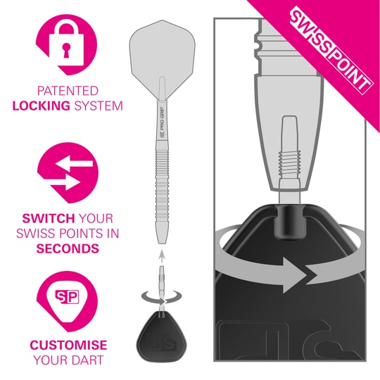 Pointes de fléchettes Target Swiss Storm Onyx Point - Or Das Bild zeigt die Target Swiss Storm Onyx Point Dartspitzen in Silber mit einem innovativen Wechselsystem. Die Dartspitzen können dank patentiertem Verschlussmechanismus in wenigen Sekunden ausgetauscht und individuell angepasst werden.
